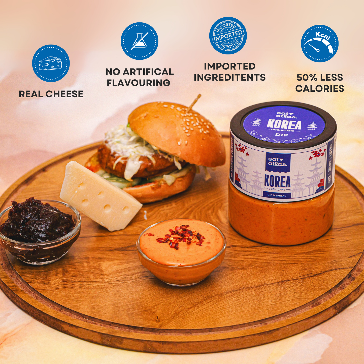 Korea's Cheesy Gochujang Gourmet Dip With Baked Lavash Chips (Veg Snacks Combo) (100+85gms)