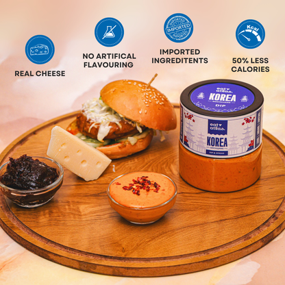 Korea's Cheesy Gochujang Gourmet Dip With Baked Lavash Chips (Veg Snacks Combo) (100+85gms)