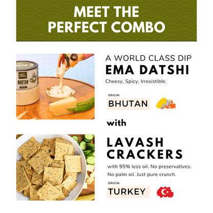 Bhutan's Ema Datshi (Cheesy + Spicy) Gourmet Dip With Baked Lavash Chips (Veg Snacks Combo) (No Onion & Garlic) (100+85gms)