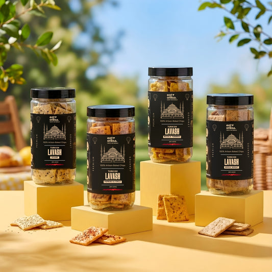 4 Assorted Baked Chips | Sesame, Masala Turmeric, Chilli & Paprika, Whole Wheat  | Mini Turkish Lavash Chips (85g x4) (Vegan)