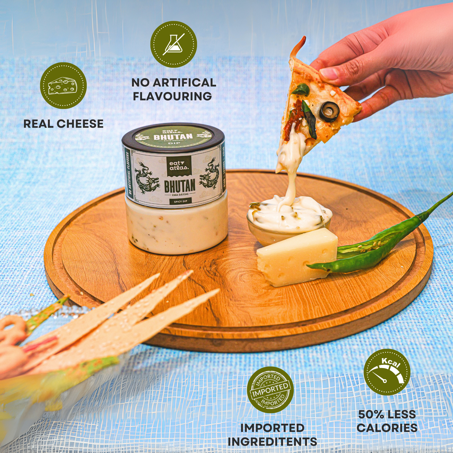 Bhutan's Ema Datshi (Cheesy + Spicy) Gourmet Dip With Baked Lavash Chips (Veg Snacks Combo) (No Onion & Garlic) (100+85gms)