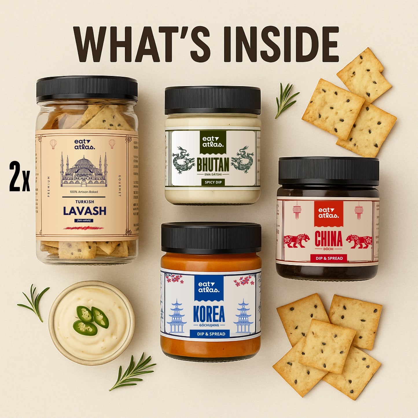 Eat Atlas Discovery Box – 3 International Dips + 2 Baked Lavash Chips