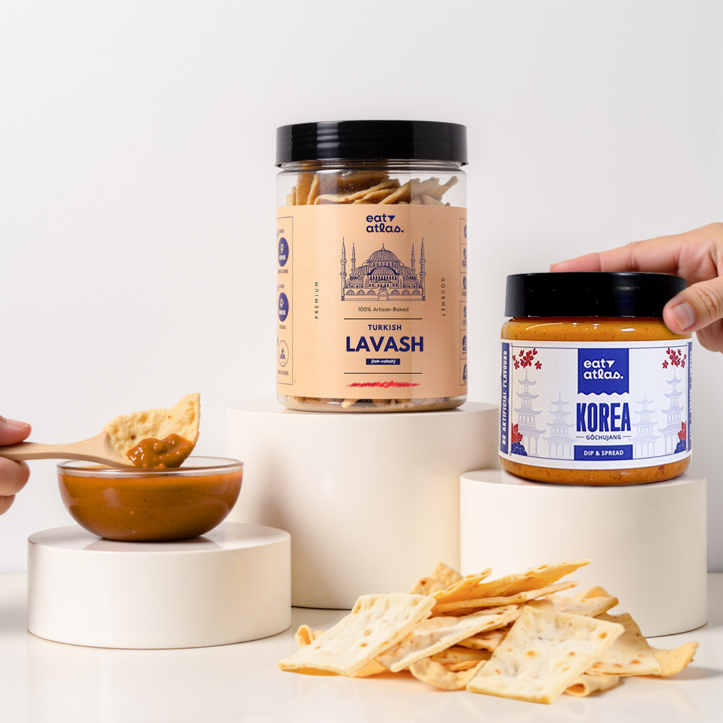Korea's Cheesy Gochujang Gourmet Dip With Baked Lavash Chips (Veg Snacks Combo) (100+85gms)