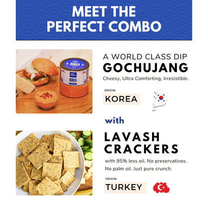 Korea's Cheesy Gochujang Gourmet Dip With Baked Lavash Chips (Veg Snacks Combo) (100+85gms)