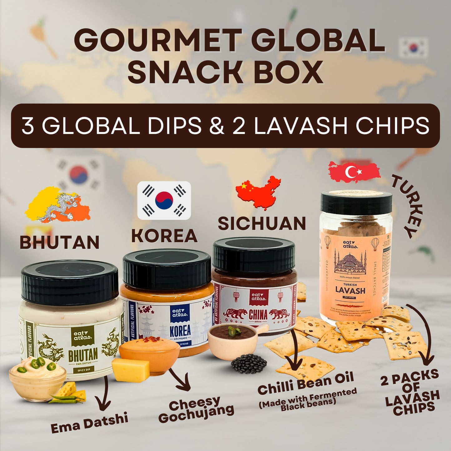 Eat Atlas Discovery Box – 3 International Dips + 2 Baked Lavash Chips