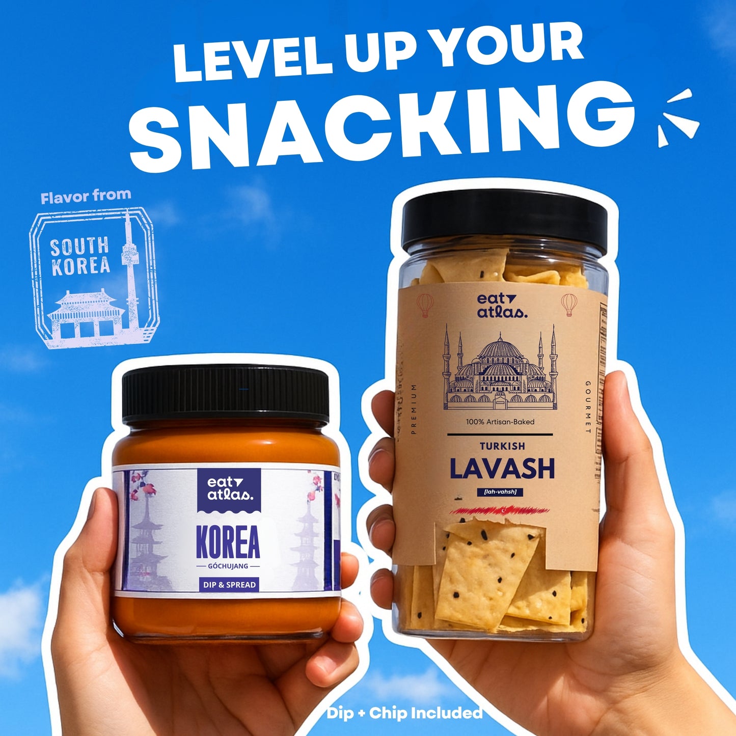 Korea's Cheesy Gochujang Gourmet Dip With Baked Lavash Chips (Veg Snacks Combo) (100+85gms)