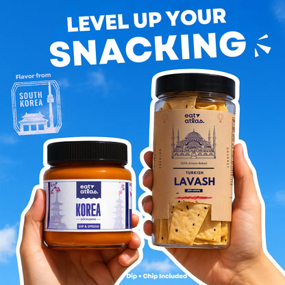 Korea's Cheesy Gochujang Gourmet Dip With Baked Lavash Chips (Veg Snacks Combo) (100+85gms)
